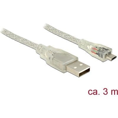 Delock USB 2.0 кабел с щепсел за конектор тип А USB 2.0 с щепсел за конектор Micro-B, 3 м, прозрачен
