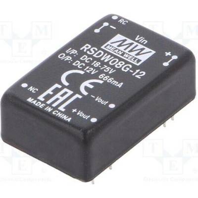 MEAN WELL RSDW08G-12 Měnič: DC/DC; 8W; Uvst: 18÷75VDC; Uvýst: 12VDC; Ivýst: 0÷666mA; DIP24