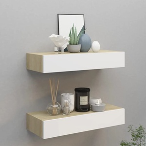 vidaXL Стенни рафтове за чекмеджета, 2 бр. , дъб и бяло, 60x23, 5x10 см, MDF (330264)