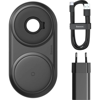Baseus Planet 2in1 Wireless Charger - двойна поставка (пад) с технология за безжично зареждане за Qi съвместими устройства и Apple Watch (черен)