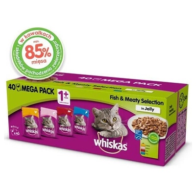 WHISKAS Adult 4 x 40x85 g krmivo pro kočky v želé Rybí a tradiční příchutě s kuřecím masem, lososem, hovězím masem a tuňákem 3+1