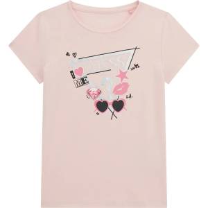 GUESS Бледо розова тениска за момиче със сребристи и розови щампи Guess