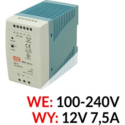 Napájací zdroj 12 V DC 7,5 A Mean Well MDR-100-12 EC-14544