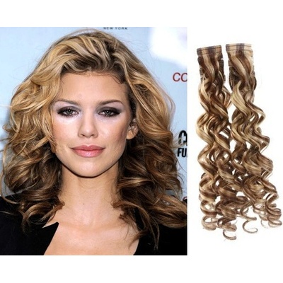 Vlasy pro metodu Pu Extension / TapeX / Tape Hair / Tape IN 60cm kučeravé - svetlý melír