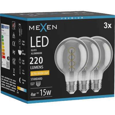 Mexen Vintis 3x LED крушка с нажежаема спирала E27, G80, 4W, Топла - 2200K, 220 лм, дим (L165-E27-0422-70x03)