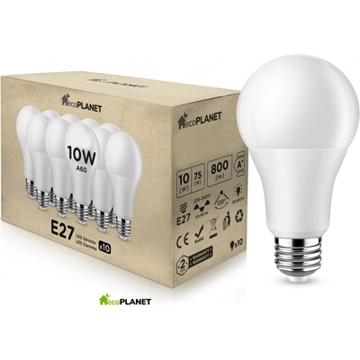 ecoPLANET 10x LED žiarovka E27 10W 800Lm studená biela