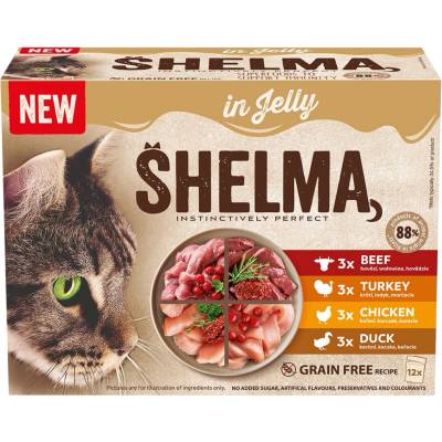 Shelma kapsičky s kuřecím, hovězím, kachním a krůtím pro kočky 12 x 85 g