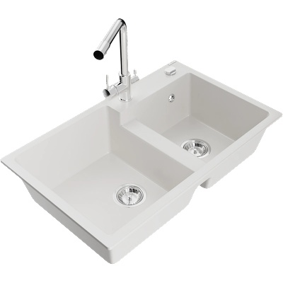 Mexen Tomas гранитна мивка за вграждане с 2 камери и кухненски смесител Duero, бял - 6516-20-671600-00 (6516-20-671600-00)
