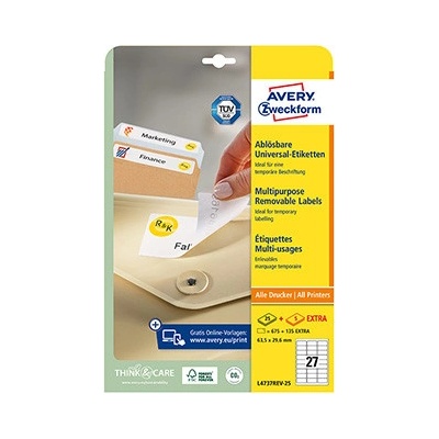 Avery Zweckform etikety 63.5mm x 29.6mm, A4, biele, 27 etikiet, odnímateľná, balené po 25 ks, L4737REV-25, pre laserové a atrament