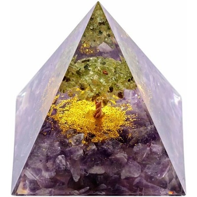 Nefertitis Orgonit pyramida s ametystem Strom života z olivínu NF43184 - 6 x 6 x 6,6 cm