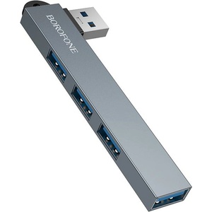 BOROFONE Хъб 4 в 1 Borofone (FH1) - USB към 3x USB 2.0, 1x USB 3.0, алуминиева сплав, Plug&Play, до 5Gbps - Сив