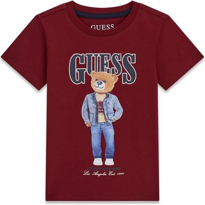 GUESS Тениска в цвят бордо за мини момче с голямо цветно мече и тъмносин надпис Guess