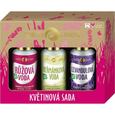 Purity Vision Květinová Ružová voda zo vzácnej damašskej ruže 100 ml + Bio rumančeková voda 100 ml + Bio Levanduľová voda 100 ml darčeková sada
