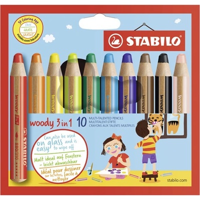 Stabilo Pastelky STABILO woody 3 v 1 barvička vodovka voskovka 10 ks různých barev 451915