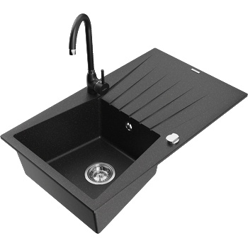 Mexen Cesar Гранитна мивка с 1 корито с отцедник и кухненски смесител Telma, черен/сребърен - 6514-73-670200-70 (6514-73-670200-70)