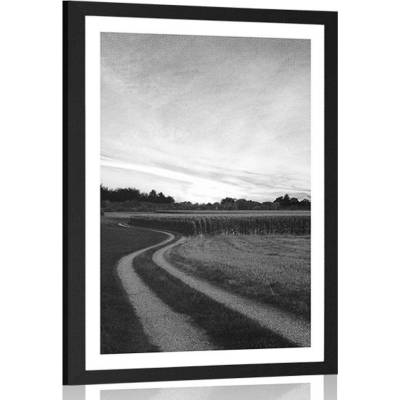 Plakát s paspartou zapadající slunce nad krajinou v černobílém provedení - 20x30 white