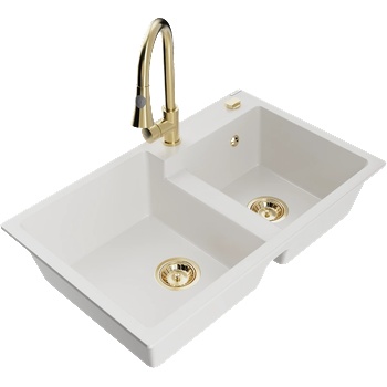 Mexen Tomas гранитна мивка с 2 камери с кухненски смесител Elia, бял - 6516-20-670101-50 (6516-20-670101-50)