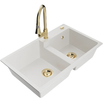 Mexen Tomas гранитна мивка с 2 камери с кухненски смесител Elia, бял - 6516-20-670101-50 (6516-20-670101-50)