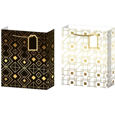 Darčeková taška geometrické tvary mix, biela, čierna, zlatá, 260x120x320 mm