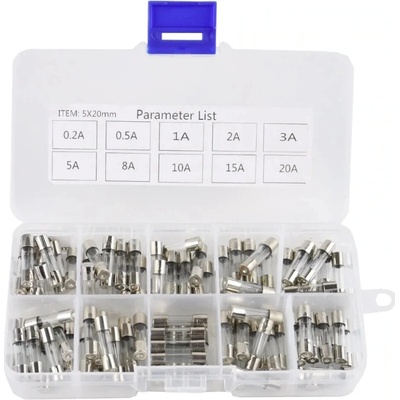 Sada sklenených poistiek F 5x20mm, 100ks v organizéri