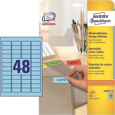 Etikety Avery odnímateľné 45,7x21,2 mm, modré