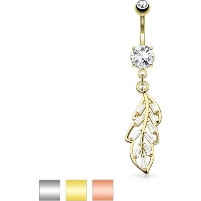 Šperky eshop piercing do pupíku z oceli list zdobený čirými broušenými lichoběžníky AB32.02 stříbrná