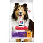 Hill's Суха храна за кучета от средни породи с чувствителен стомах и кожа Hill's Science Plan Sensitive Stomach & Skin, с пилешко