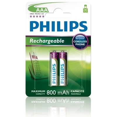 Philips Rechargeable презареждаща батерия LR03 AAA, 800 mAh, 2-blister (HR03), for CORDLES PHONE (R03B2A80/10)