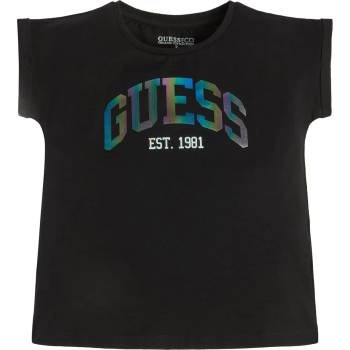 GUESS Тениска с къс ръкав в черно за момиче с голям цветен надпис Guess