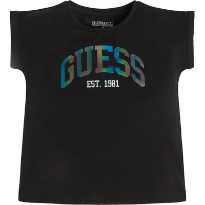 GUESS Тениска с къс ръкав в черно за момиче с голям цветен надпис Guess