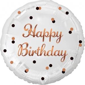 GoDan Бял фолиев балон „Happy Birthday с точки в розово злато (FG-OHBB)