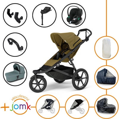 Thule Set 11v1 Urban Glide 3 Nutria green 2024 + madlo + korba Mid blue + JOMK příslušenství + autosedačka Cybex s ISOFIX základnou a adaptéry Thule – Zbozi.Blesk.cz