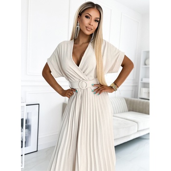 Numoco FELICIA Плисирана миди рокля със сърцевидно деколте и широк колан - бежова Numoco numoco | Bezhov | ЖЕНИ | ЕДИН РАЗМЕР