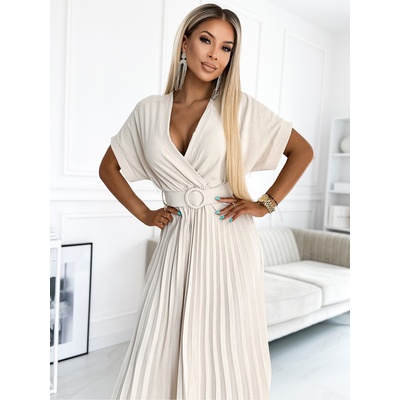 Numoco FELICIA Плисирана миди рокля със сърцевидно деколте и широк колан - бежова Numoco numoco | Bezhov | ЖЕНИ | ЕДИН РАЗМЕР