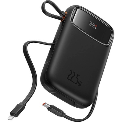 Външна батерия с вграден USB-C и Lightning кабел и USB-C, USB-А портове - Baseus Qpow2 Digital Display Power Bank With USB-C and Lightning cable 22.5W 20000 mAh (черен) (P10055002113-00)