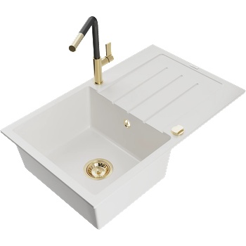 Mexen Bruno кухненска мивка от гранит с 1 отделение, с отцеждаща тава и кухненски смесител Flora, бял - 6513-20-670401-57-G (6513-20-670401-57-G)