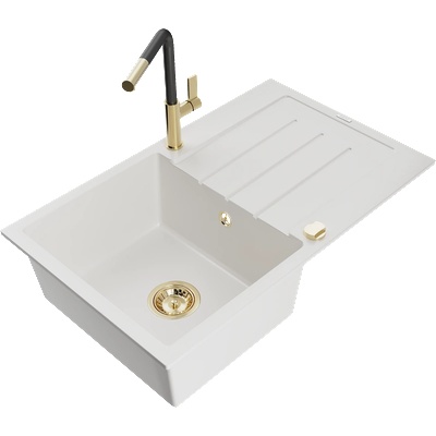 Mexen Bruno кухненска мивка от гранит с 1 отделение, с отцеждаща тава и кухненски смесител Flora, бял - 6513-20-670401-57-G (6513-20-670401-57-G)