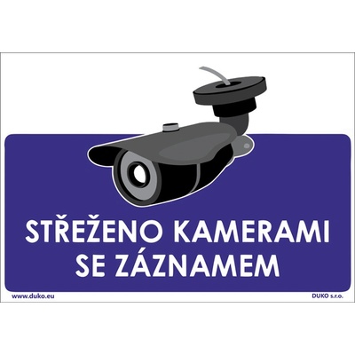 DUKO STŘEŽENO KAMERAMI SE ZÁZNAMEM tabulka modrá Formát: 210 x 148 mm, Materiál: plast 3 mm, samolepící vinylová fólie