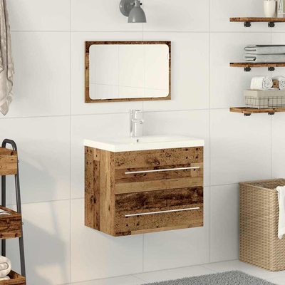 vidaXL Шкаф за мивка в баня с чекмедже 2 pcs Старо дърво (3332496)