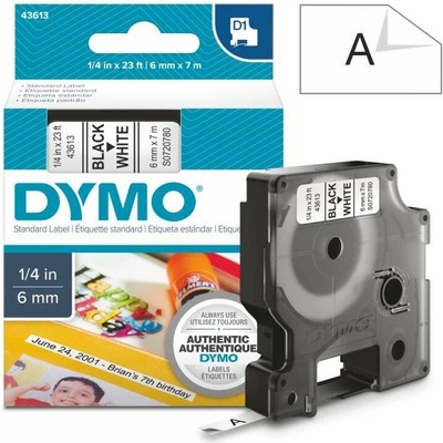 Páska Dymo D1, 6mm (43613) bílá, černý tisk, 7m