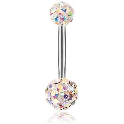 Šperky eshop piercing do pupíku z oceli bílé kuličky kubické zirkony s duhovým leskem AB25.27