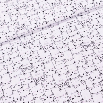 Bavlněné plátno dětské ANIKA kočky kam se podíváš na bílé, š.160cm (látka v metráži)