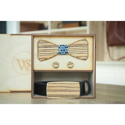 Wood Style Set Hranatý WS Modrotisk opasek motýlek a manžetové knoflíčky Hnědá Zebrano