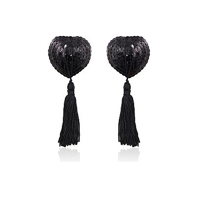 Latetobed BDSM LINE Self-Adhesive Heart Sequin Nipple Cover with Tassel Black, samolepiace krytky na bradavky