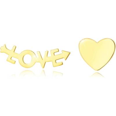 Šperky eshop puzetové náušnice ze žlutého zlata srdce a nápis LOVE GG250.51