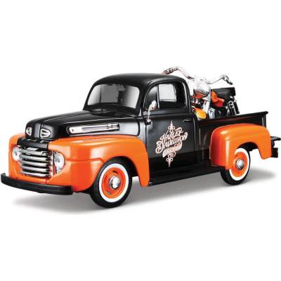 MaistoHD Ford F1 PickUp 1948 + FLH Duo Glide 1958 oranžovo kombinace barev černá 1:24