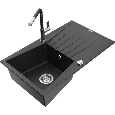Mexen Cesar гранитна мивка с 1 отделение с отцедник и кухненски смесител Flora, черен/сребрист металик - 6514-73-670401-07 (6514-73-670401-07)
