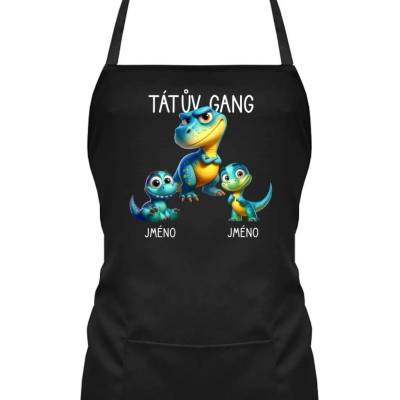 Tátův Gang dinosauři dvě děti zástěra s potiskem Černá