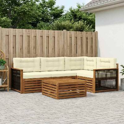 vidaXL Комплект дивани за открито 5 pcs Натурален и Крема (3383323)