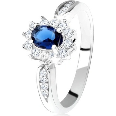 Šperky eshop zásnubní prsten ze stříbra 925 tmavě modrý oválný zirkon čirý lem SP28.20